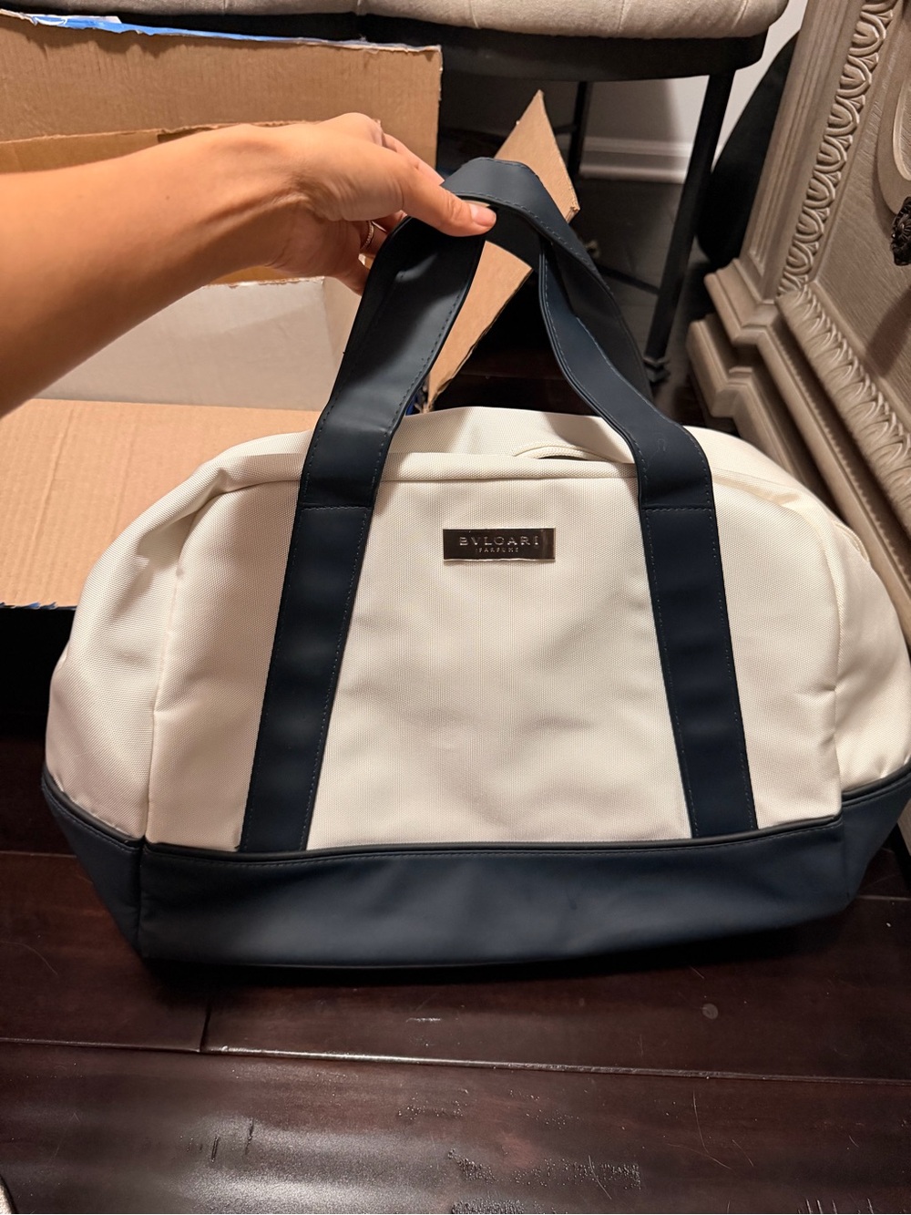 Bulgari Cream and Navy Weekend Duffel Bag